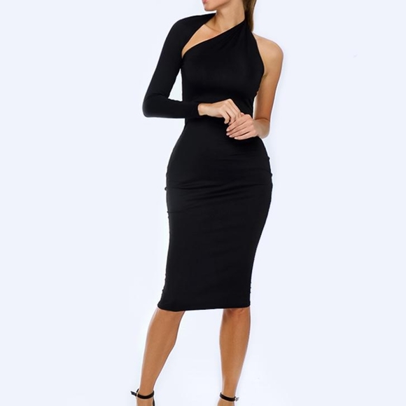 NWOT Assymetrical 1 Sleeve Wrap Dress Black Small - Picture 2 of 3